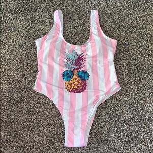 Pineapple/Pink Striped One Piece Womans Swimsuit L